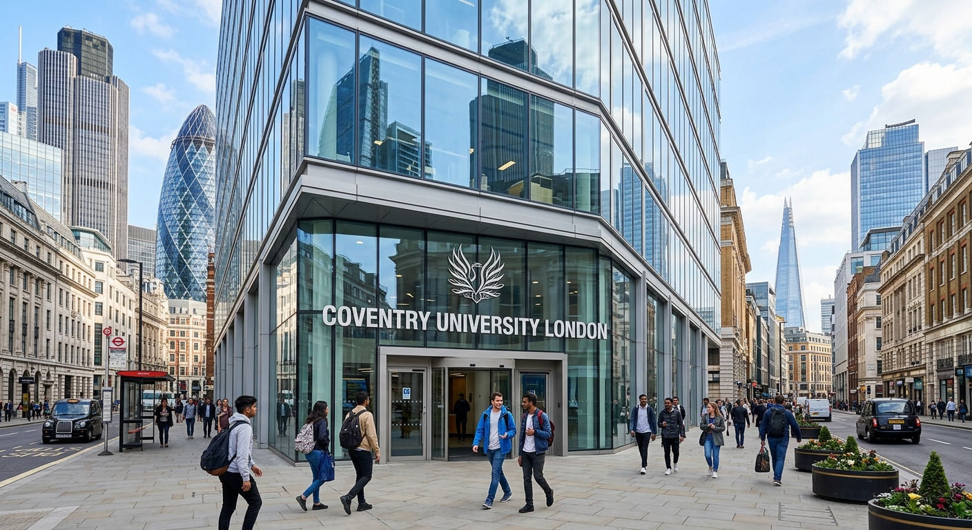 Modern Coventry University London campus building in the City of London financial district, glass facade reflecting surrounding skyscrapers, students walking near the entrance on a bright day