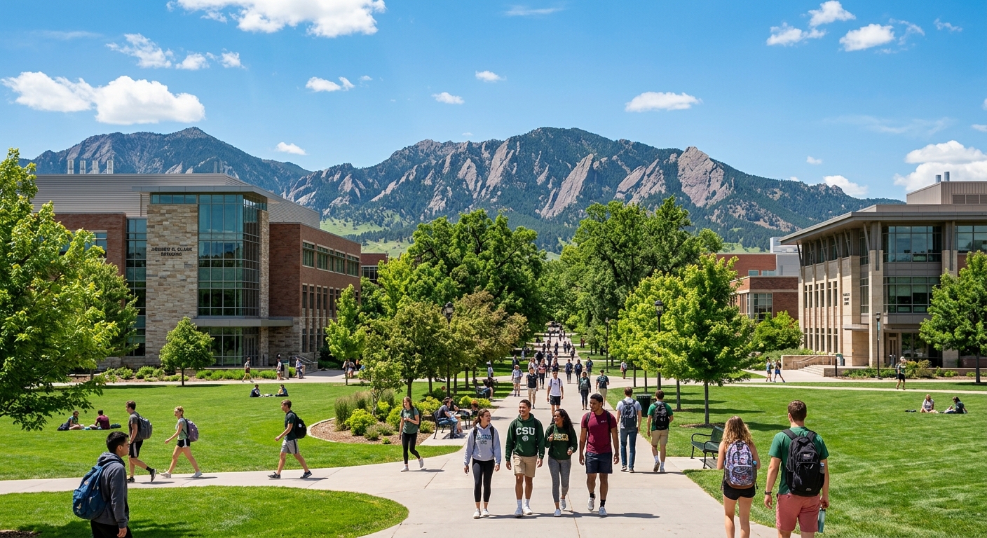 Colorado State University campus in Fort Collins with the Rocky Mountain foothills in the background, modern academic buildings surrounded by green lawns, students walking along tree-lined pathways under bright Colorado sunshine