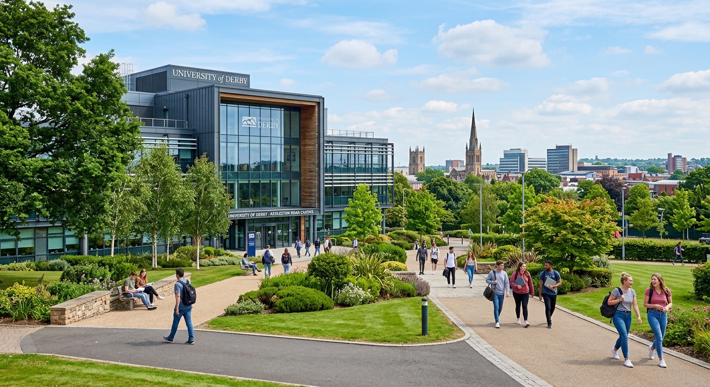 University of Derby campus building with modern glass facade surrounded by green landscaping, students walking along pathways, clear sky with soft clouds, Derby city skyline in the background