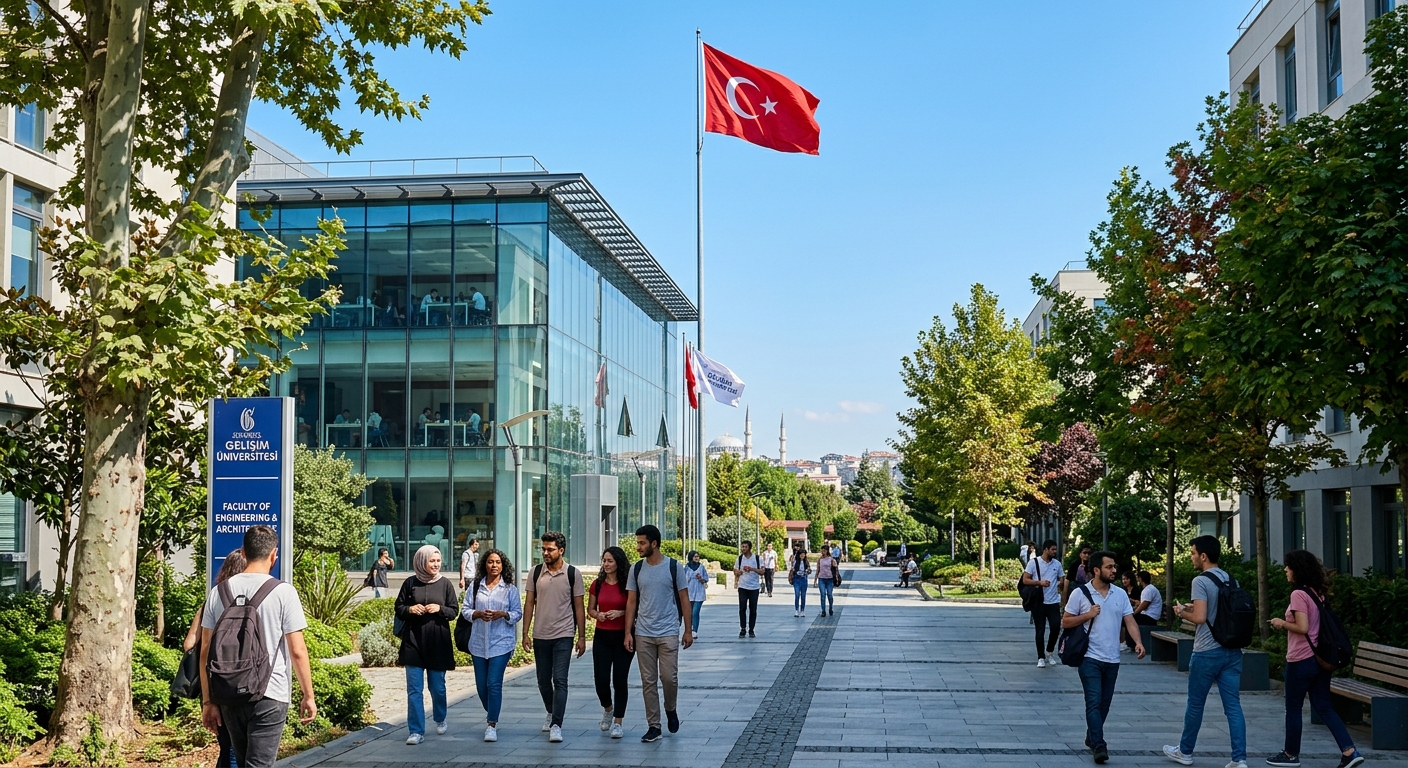 Modern university campus in Istanbul with glass-fronted faculty building, international students walking through tree-lined courtyard, Turkish flag visible, clear blue sky