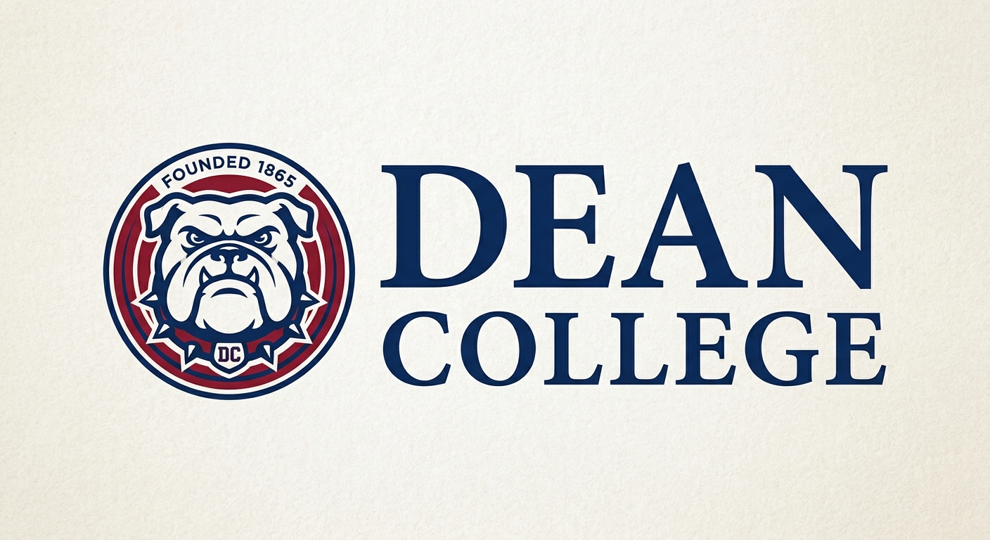 Dean College official logo featuring the college name in classic serif typography with bulldog mascot emblem
