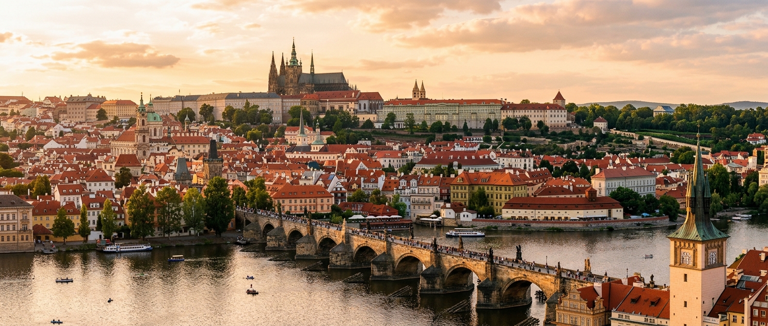 Prague cityscape panorama, Charles Bridge over Vltava River, Prague Castle and St. Vitus Cathedral on the hilltop, red rooftops of Old Town, golden hour lighting
