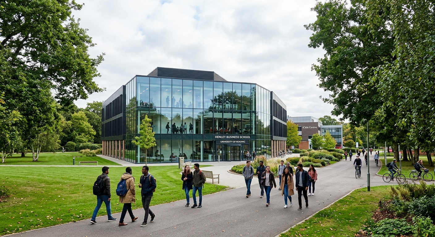 Henley Business School Whiteknights campus at the University of Reading, modern glass-fronted business school building surrounded by green parkland, students walking along tree-lined pathways, bright overcast English sky