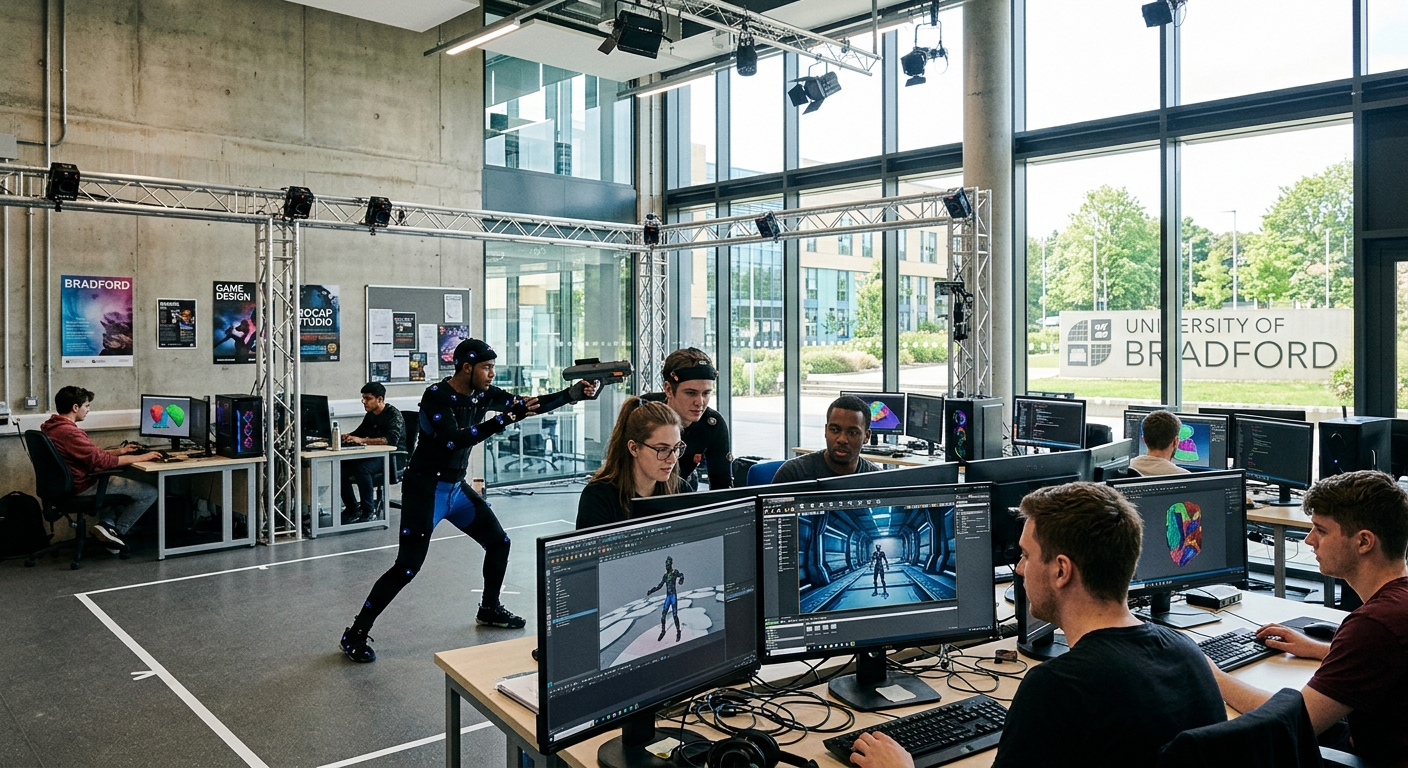 University of Bradford campus with modern digital media building, students working on game design projects with motion capture equipment, bright studio lighting and computer screens displaying 3D game environments