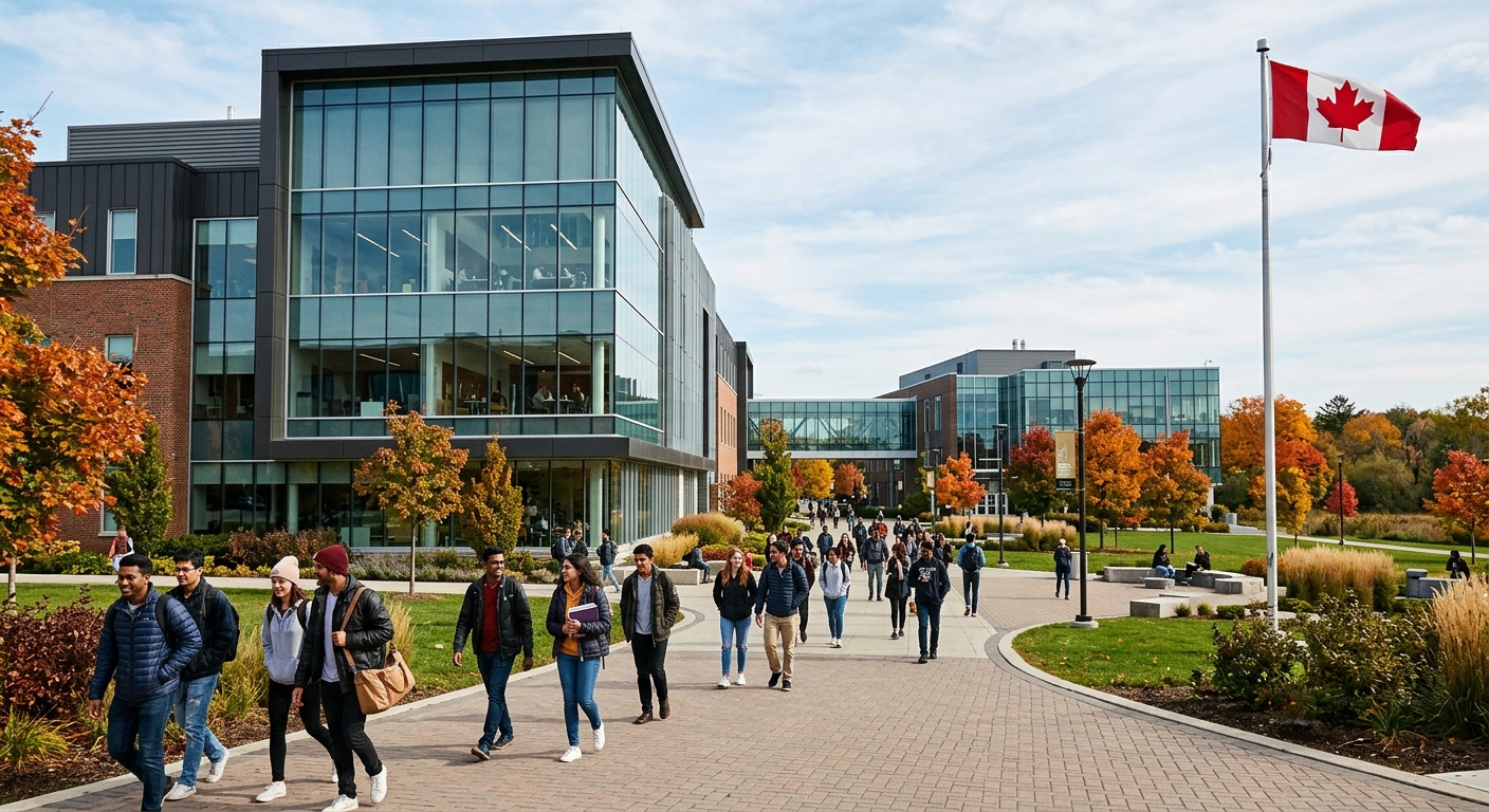 Modern Conestoga College campus in Kitchener Ontario, students walking between contemporary academic buildings with glass facades, green landscaped grounds, Canadian flag visible, autumn foliage