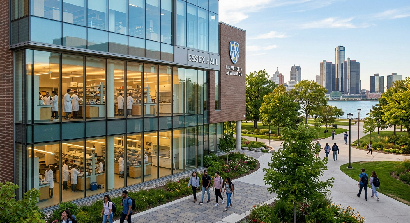 University of Windsor campus with modern science building, chemistry laboratory equipment visible through large windows, students walking on pathways surrounded by green trees, Windsor Ontario Canada skyline in background