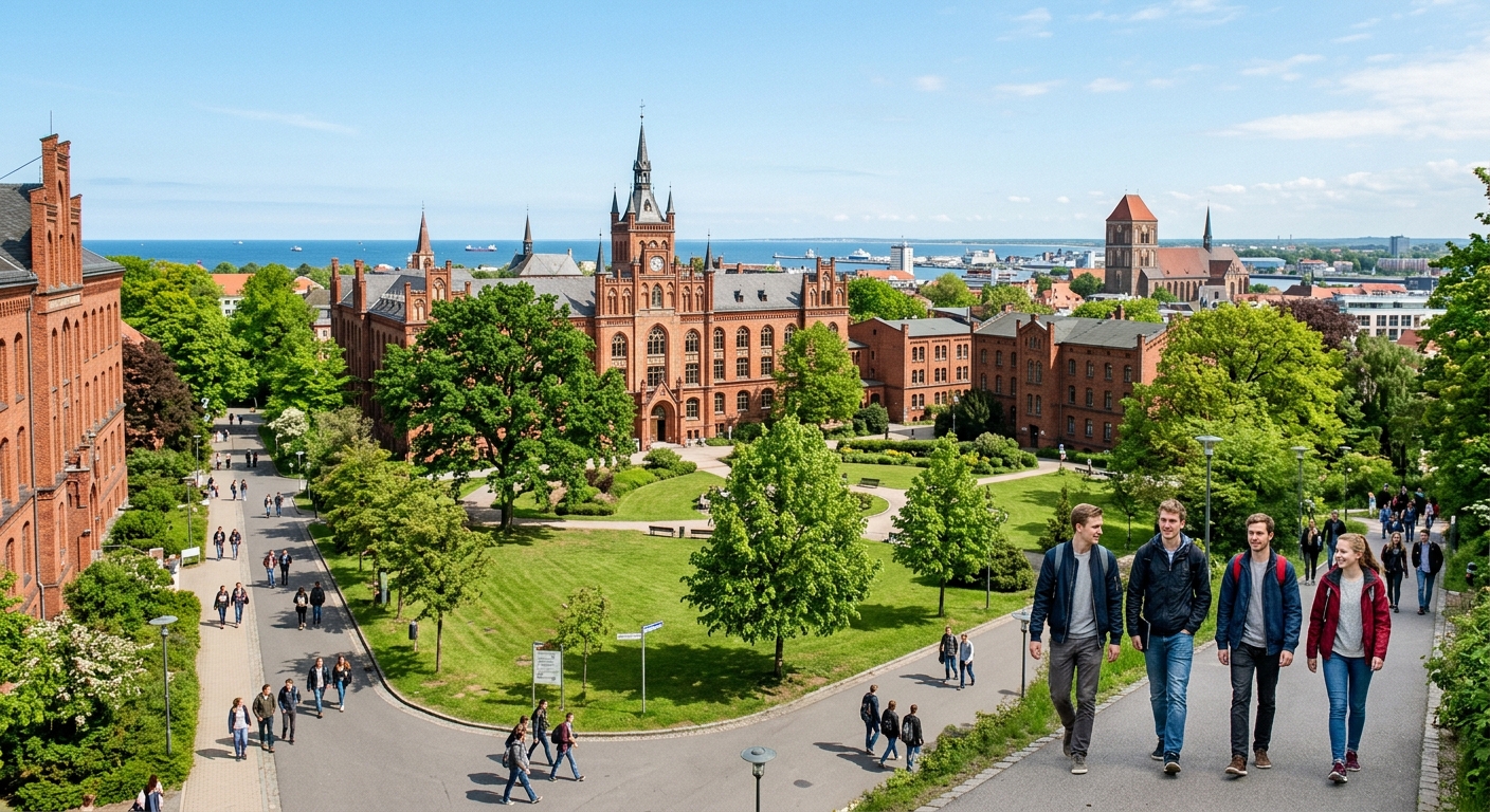 University of Rostock campus with historic red-brick buildings, green landscaped grounds, and the Baltic Sea coastline visible in the background, students walking along tree-lined paths under a clear sky