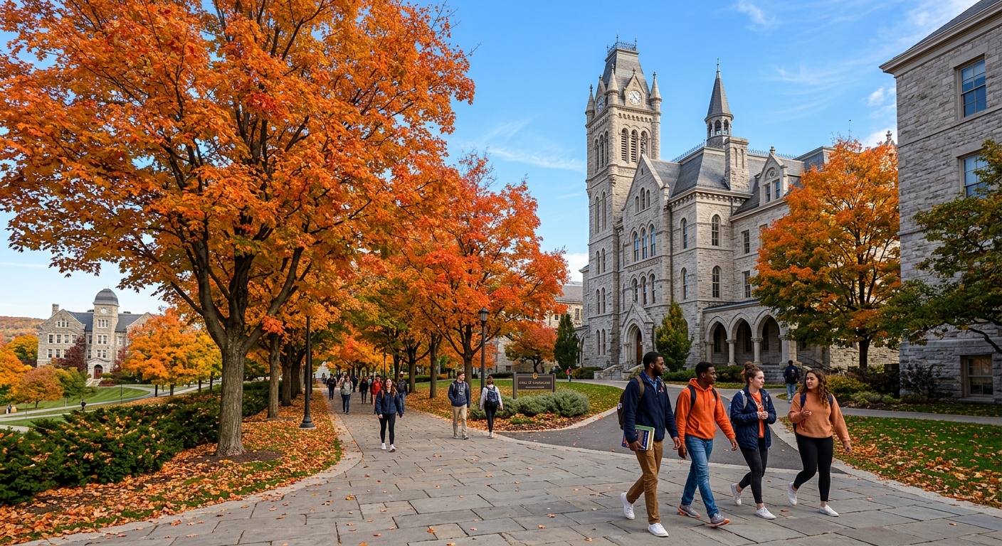 Syracuse University campus in autumn with orange-leafed trees, students walking along tree-lined pathways near the Hall of Languages, historic stone buildings with gothic architecture under a clear blue sky