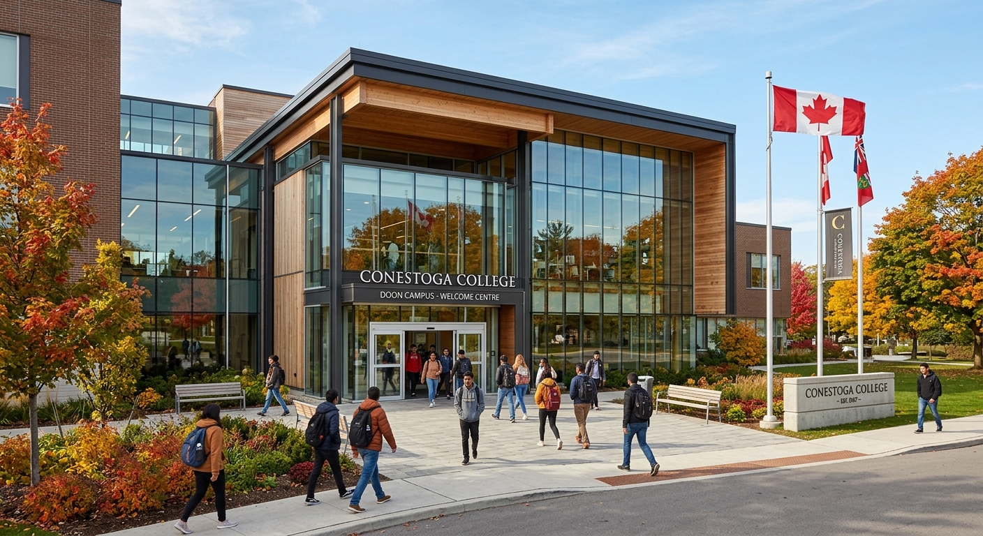 Modern Conestoga College Doon campus building in Kitchener Ontario Canada, students walking through glass-fronted entrance, green landscaped grounds, Canadian flag visible, bright autumn day