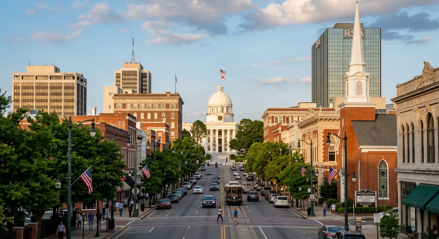 Montgomery Alabama downtown skyline, Alabama State Capitol dome visible, Dexter Avenue historic street, warm southern sunlight, mix of historic and modern buildings, green trees lining the streets