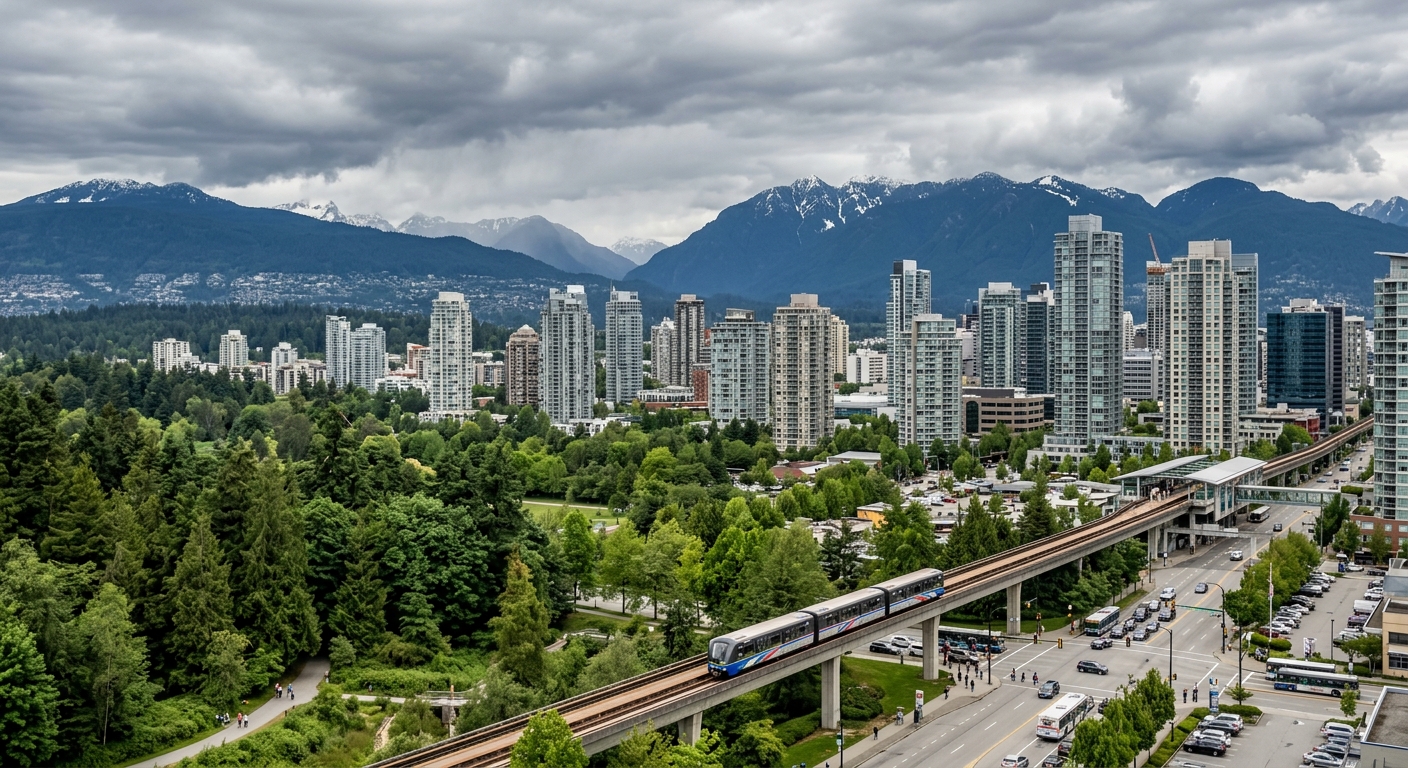 Burnaby British Columbia cityscape with mountains in background, Metrotown urban area, SkyTrain transit, green parks, Pacific Northwest overcast sky, modern buildings