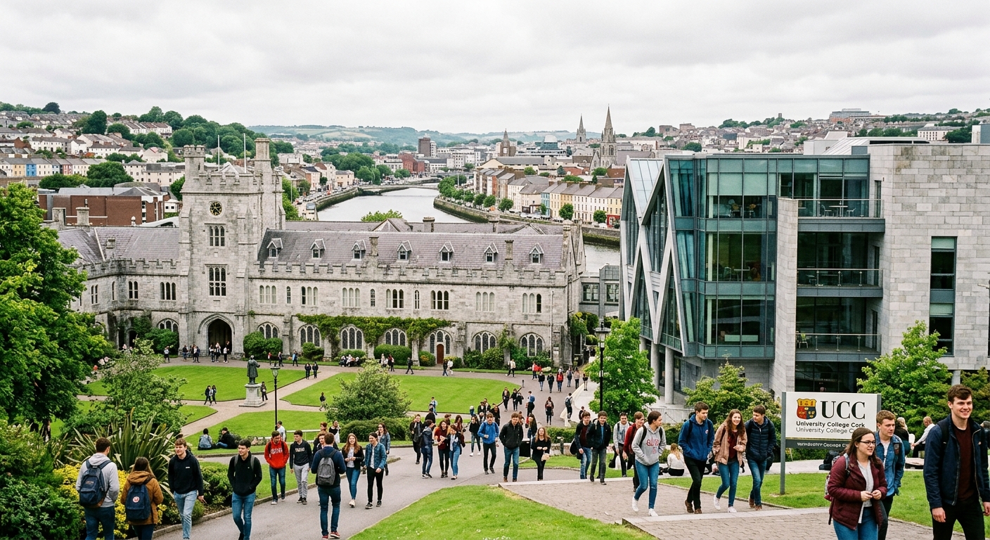 Modern university campus at University College Cork, historic limestone buildings alongside contemporary Western Gateway Building, students walking through green quadrangle, Irish cityscape with River Lee in background, bright overcast sky typical of Cork Ireland