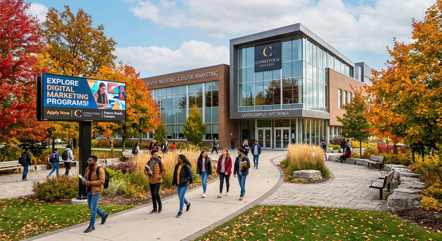 Modern Conestoga College campus building in Kitchener Ontario with students walking through landscaped grounds, digital marketing signage visible, bright autumn day with colorful foliage