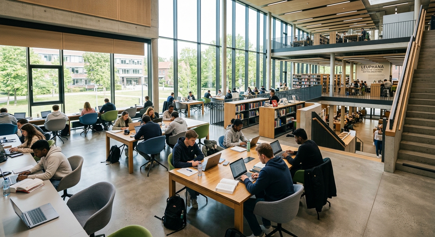 Modern university library interior at Leuphana with open study spaces, large windows, contemporary furniture, and students working at desks