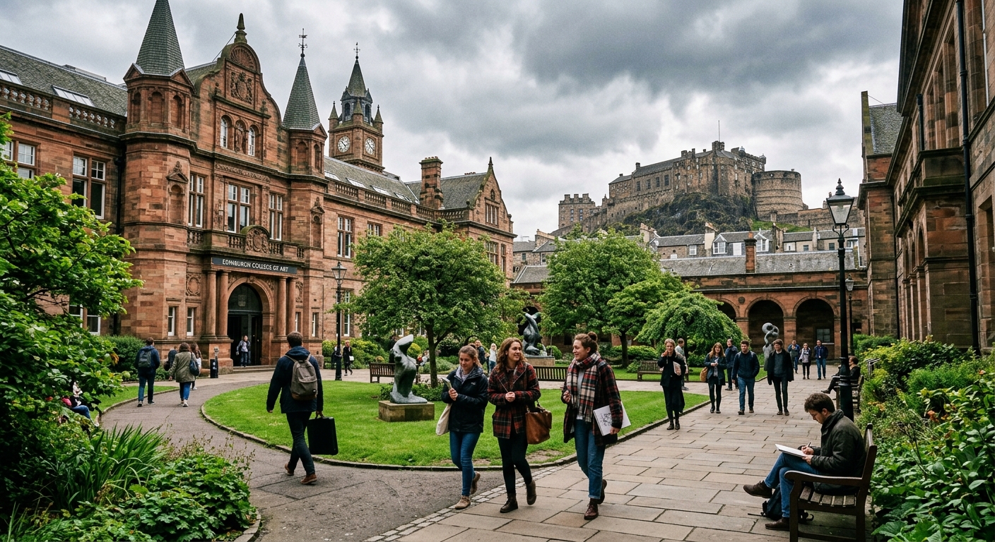 Edinburgh College of Art campus with historic sandstone buildings, lush green courtyard, students walking among architectural details, Edinburgh Castle visible in the background, overcast Scottish sky