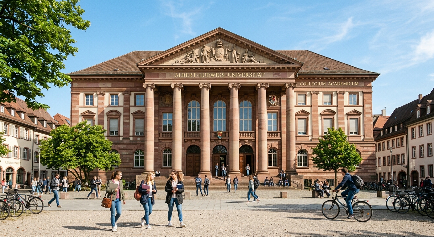 University of Freiburg main building (KG I) with neoclassical architecture, grand entrance columns, students walking on the forecourt, sunny day