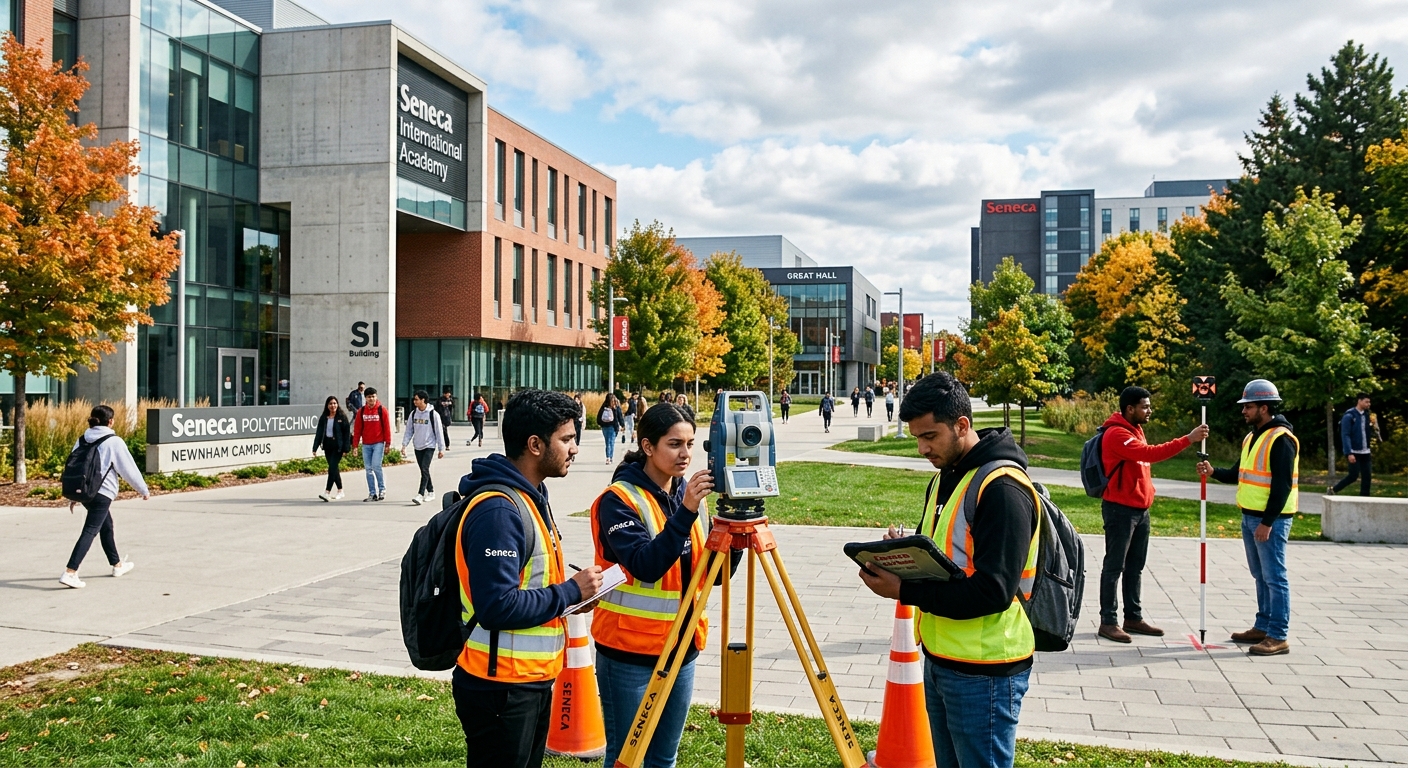 Seneca Polytechnic Newnham Campus in Toronto with modern buildings, civil engineering students conducting outdoor surveying with equipment, urban Canadian campus setting with green spaces and contemporary architecture