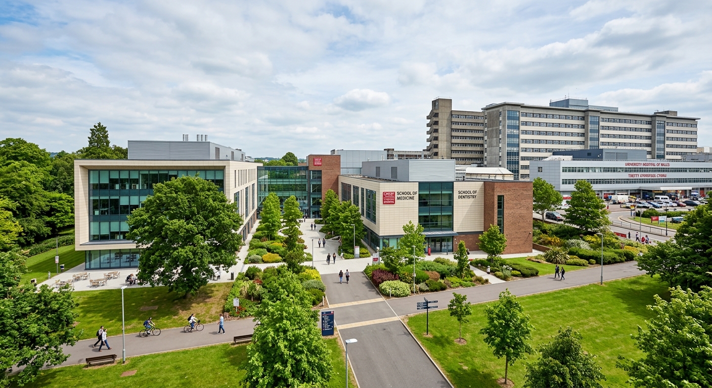 Cardiff University Heath Park campus, modern medical and dental buildings, green parkland surroundings, University Hospital of Wales visible in background