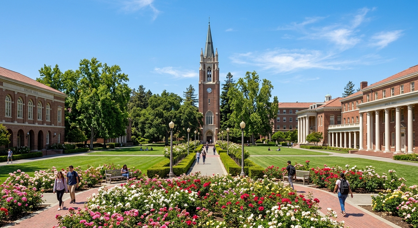 University of the Pacific Stockton campus wide shot featuring Burns Tower, brick-faced buildings, rose gardens, lush trees, and architectural columns under a clear California sky