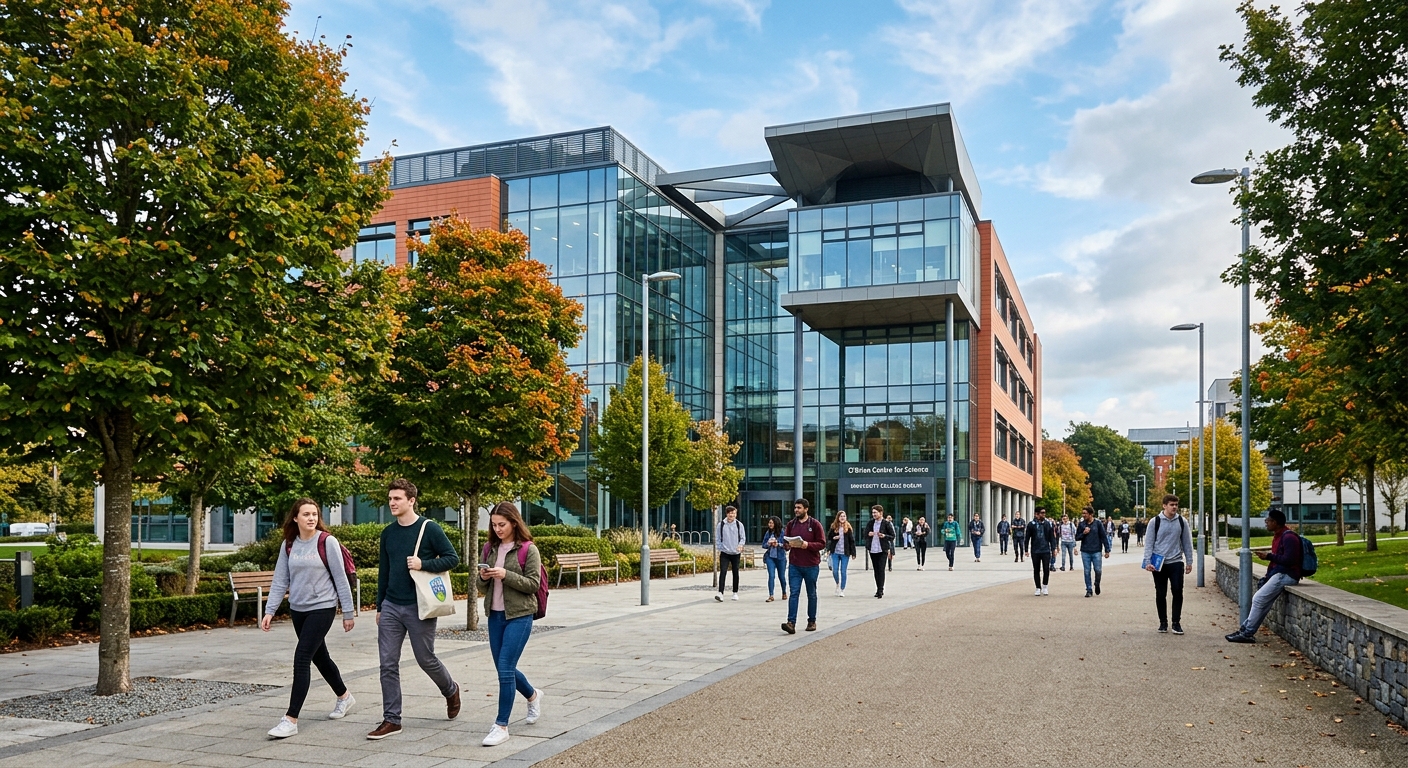 Modern UCD O'Brien Centre for Science building at University College Dublin Belfield campus, students walking along tree-lined pathways, contemporary glass and steel architecture, bright Irish daylight
