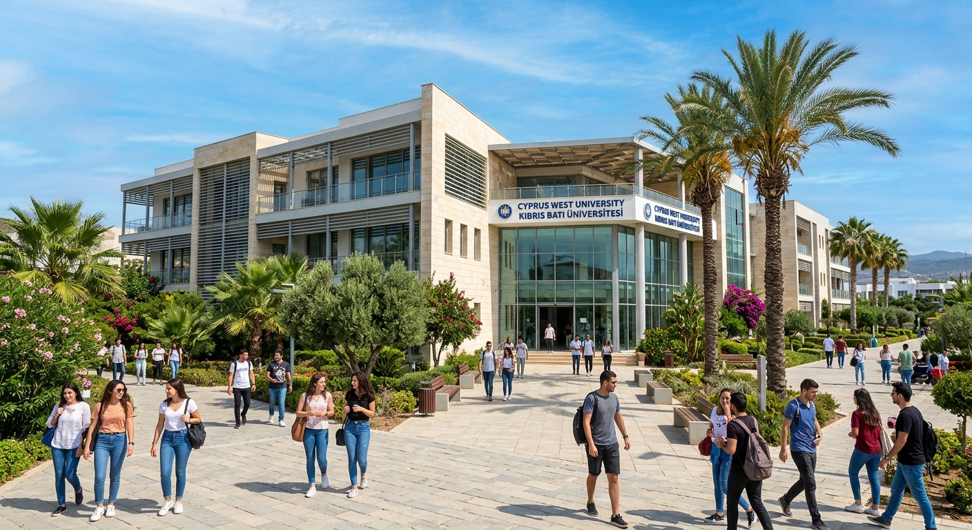 Cyprus West University campus in Famagusta, Northern Cyprus, modern university building with Mediterranean architecture, palm trees, clear blue sky, students walking on pedestrian-friendly pathways