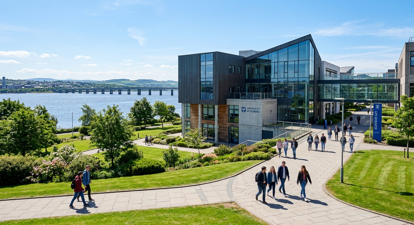 University of Dundee main campus building with modern architecture, students walking along pathways, the River Tay visible in the background, clear Scottish sky, green landscaped grounds