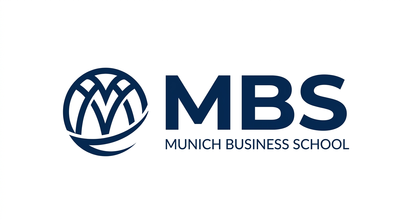 Munich Business School official logo, dark blue lettering with MBS abbreviation, clean modern design on white background