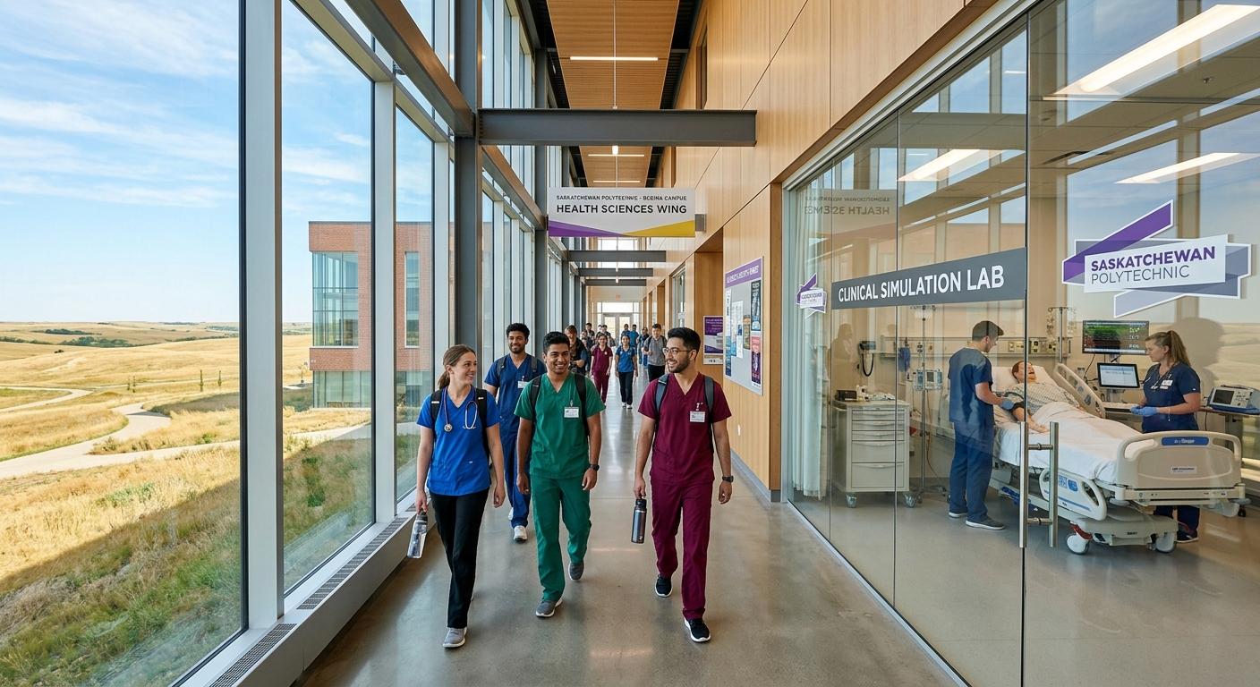 Saskatchewan Polytechnic campus building in Saskatchewan, Canada, with students in healthcare scrubs walking along a modern corridor, clinical simulation lab visible through glass windows, Canadian prairie landscape in the background