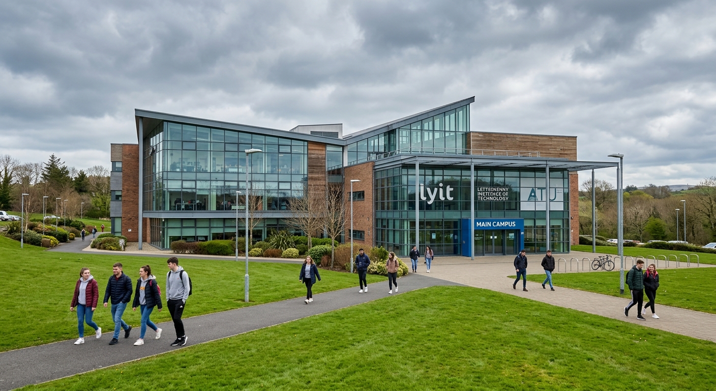 LYIT Letterkenny main campus building, modern educational architecture with glass facades, green lawn in foreground, students walking along pathways under cloudy Irish sky
