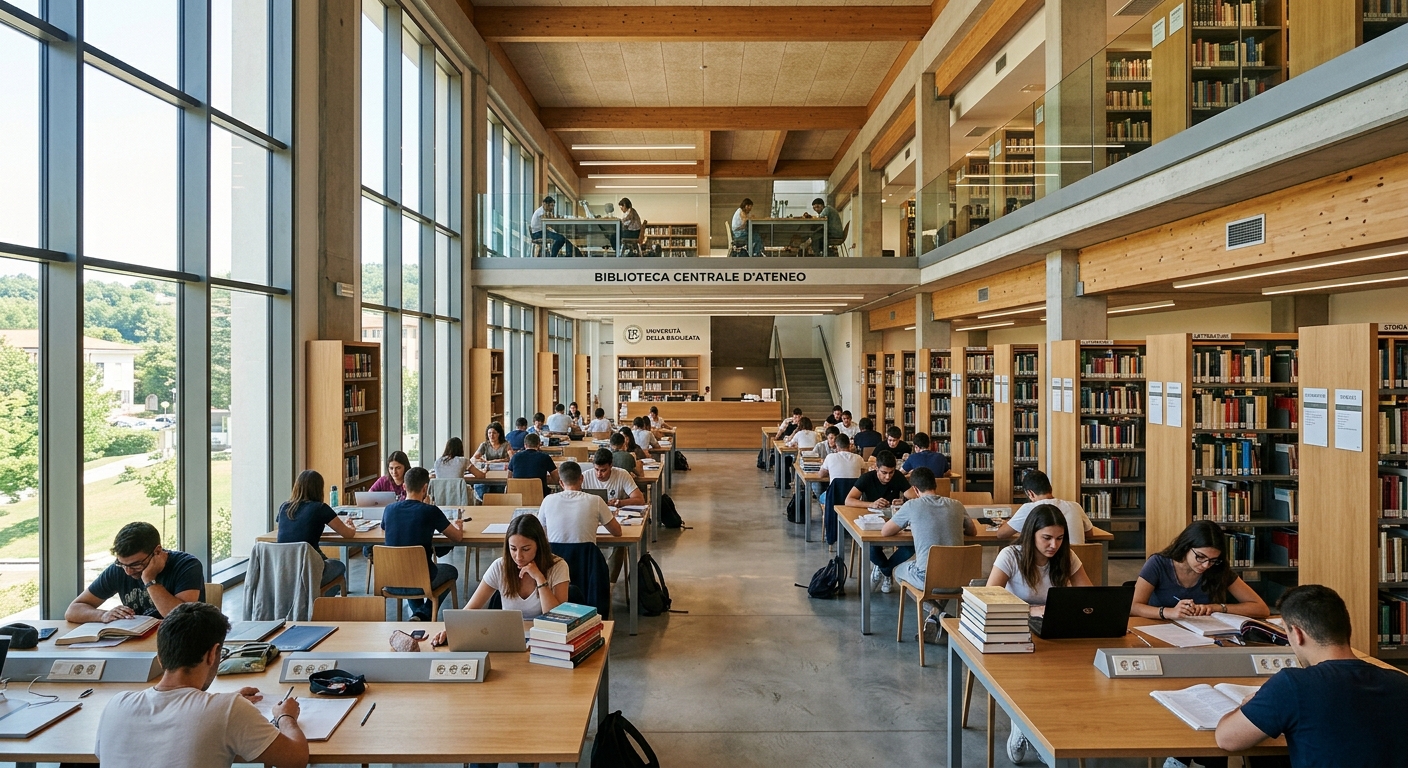 University of Basilicata central library interior, modern study spaces with bookshelves, students studying at desks, natural light streaming through windows
