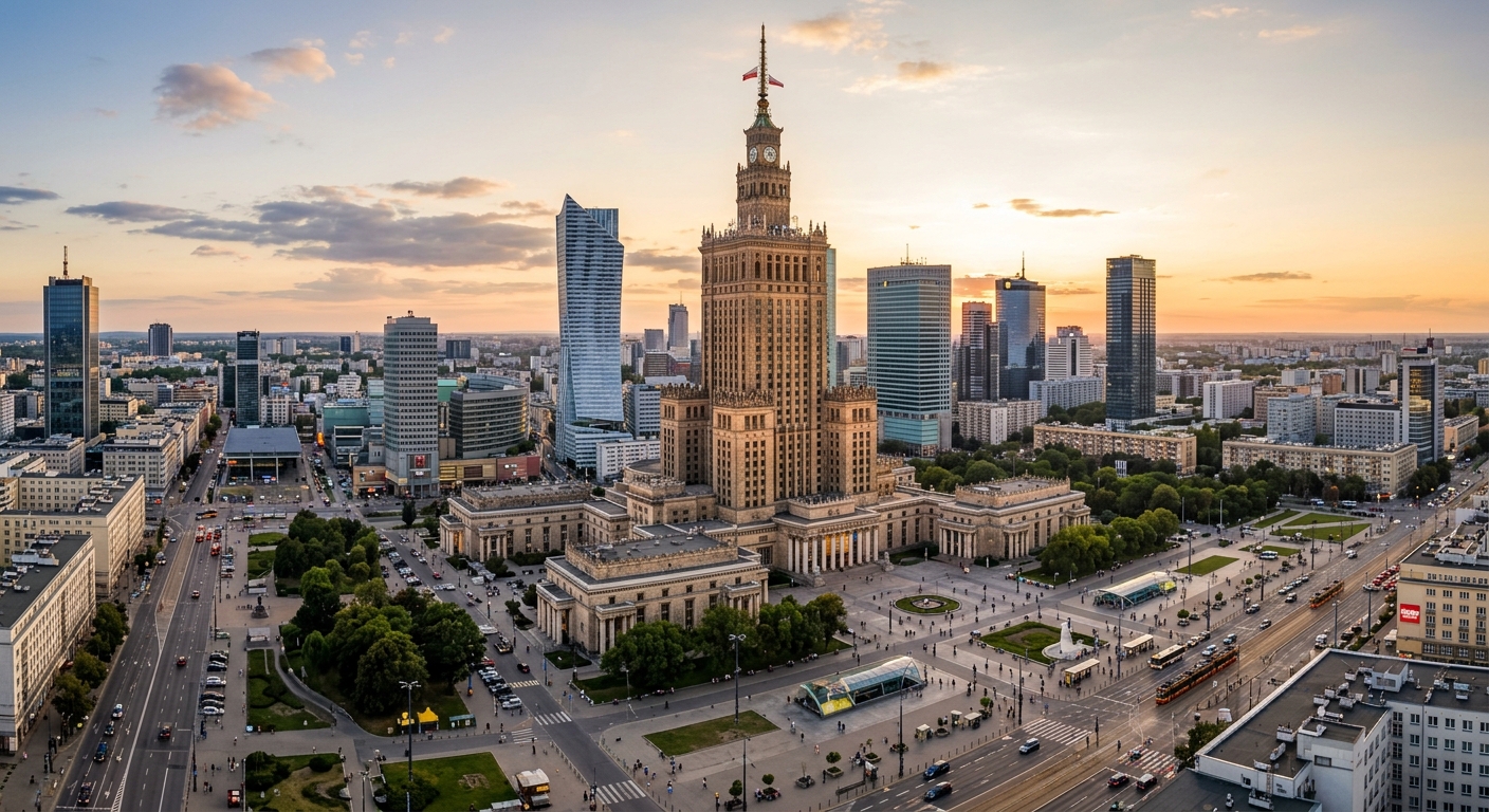 Palace of Culture and Science in Warsaw Poland, iconic Stalinist architecture tower rising above the city center, wide shot showing surrounding modern buildings and Defilad Square, golden hour lighting