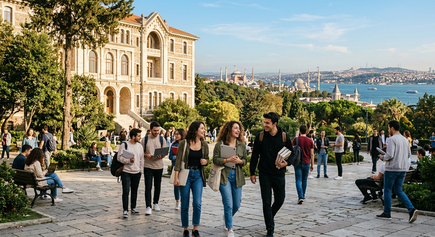 Modern university campus in Istanbul with historic architecture in the background, students walking through a courtyard with laptops and books, vibrant Mediterranean sunlight, European side of Istanbul skyline visible