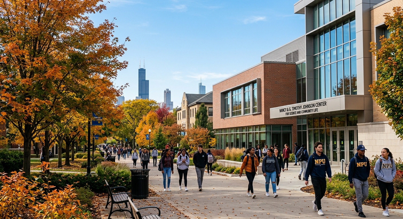 North Park University campus in Chicago with the Nancy and G. Timothy Johnson Center for Science and Community Life, students walking along tree-lined pathways, urban skyline in the background, bright autumn day