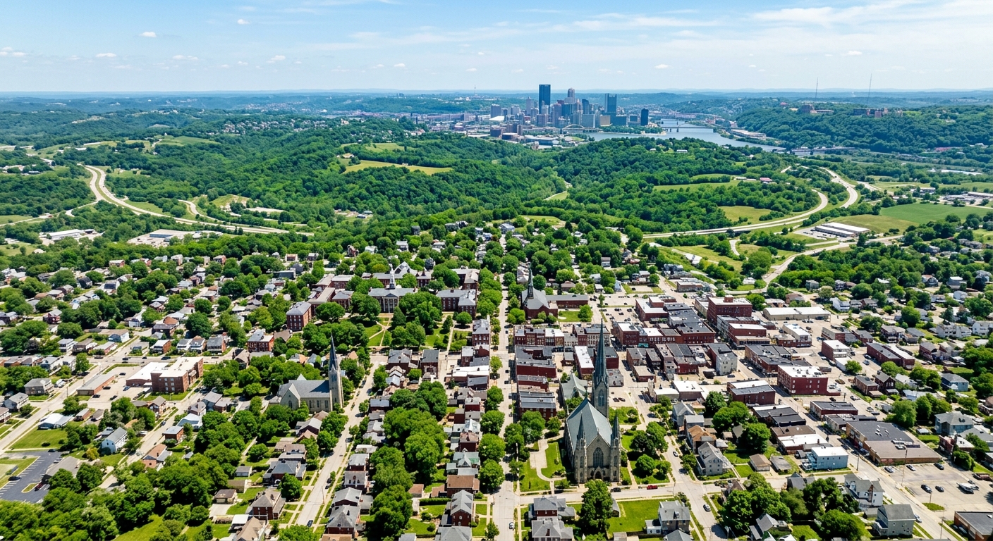 Aerial view of Washington Pennsylvania, small historic American city with church steeples, tree-lined streets, surrounding green hills, with Pittsburgh skyline visible in the distance on a clear day