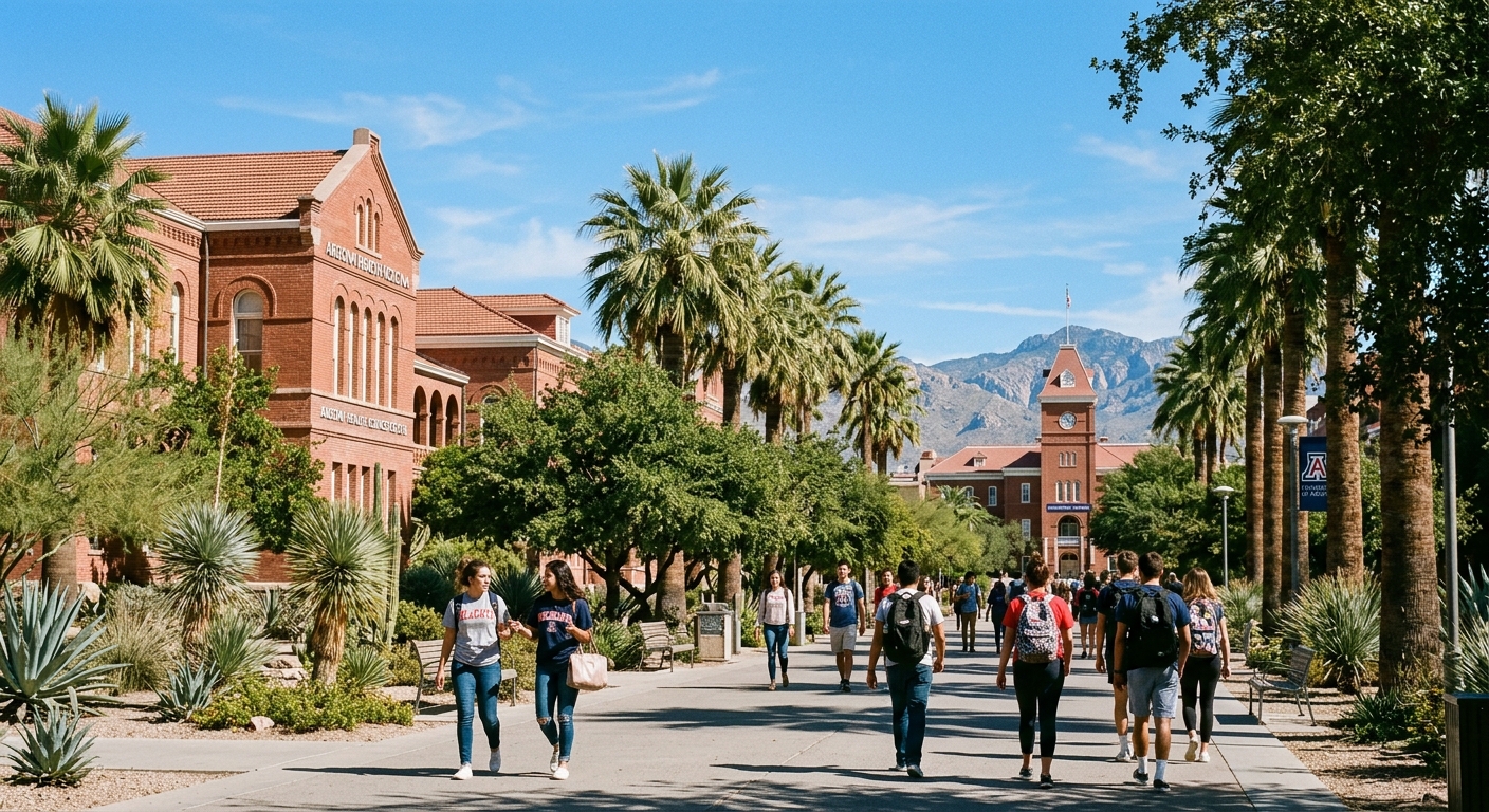 University of Arizona campus in Tucson with iconic red brick buildings, palm trees, desert landscape, and students walking along shaded pathways under a bright blue sky