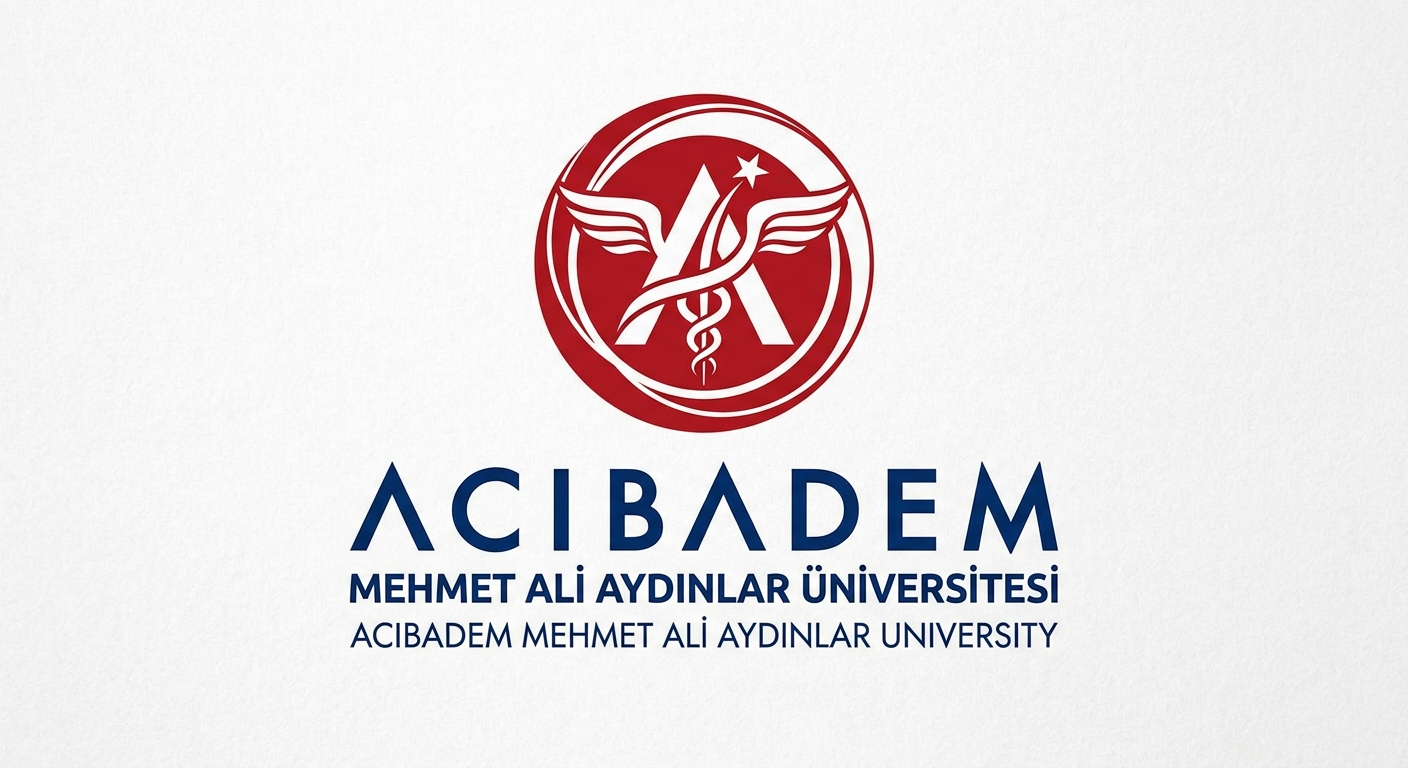 Acıbadem Mehmet Ali Aydınlar University official logo, red and white emblem with university name in Turkish and English