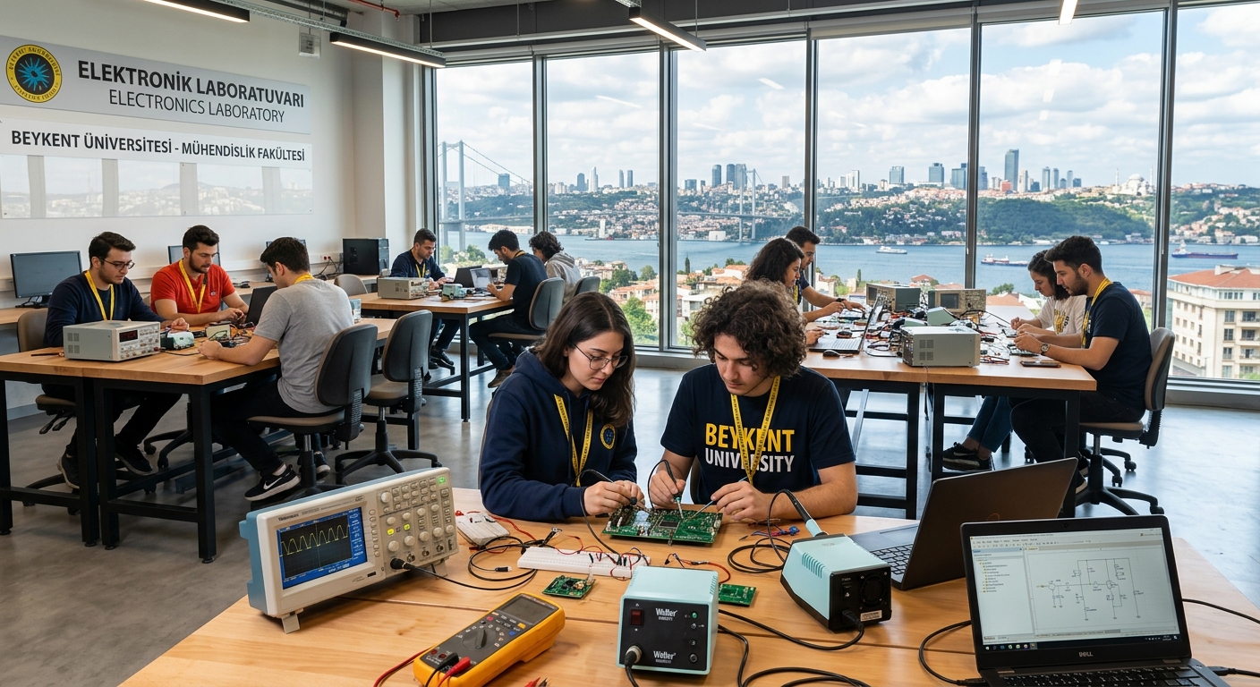 Modern engineering campus at Beykent University in Istanbul, Turkey, featuring students working in an electronics laboratory with circuit boards, oscilloscopes, and soldering equipment, bright natural light from large windows overlooking the Istanbul skyline
