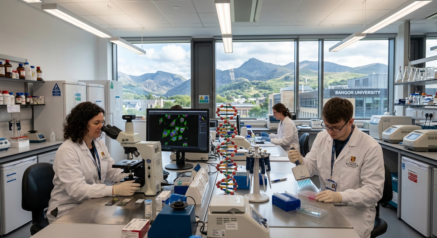 Modern molecular biology laboratory at Bangor University with researchers using microscopes and pipettes, DNA double helix models visible, bright fluorescent lighting, North Wales campus setting with mountains visible through windows