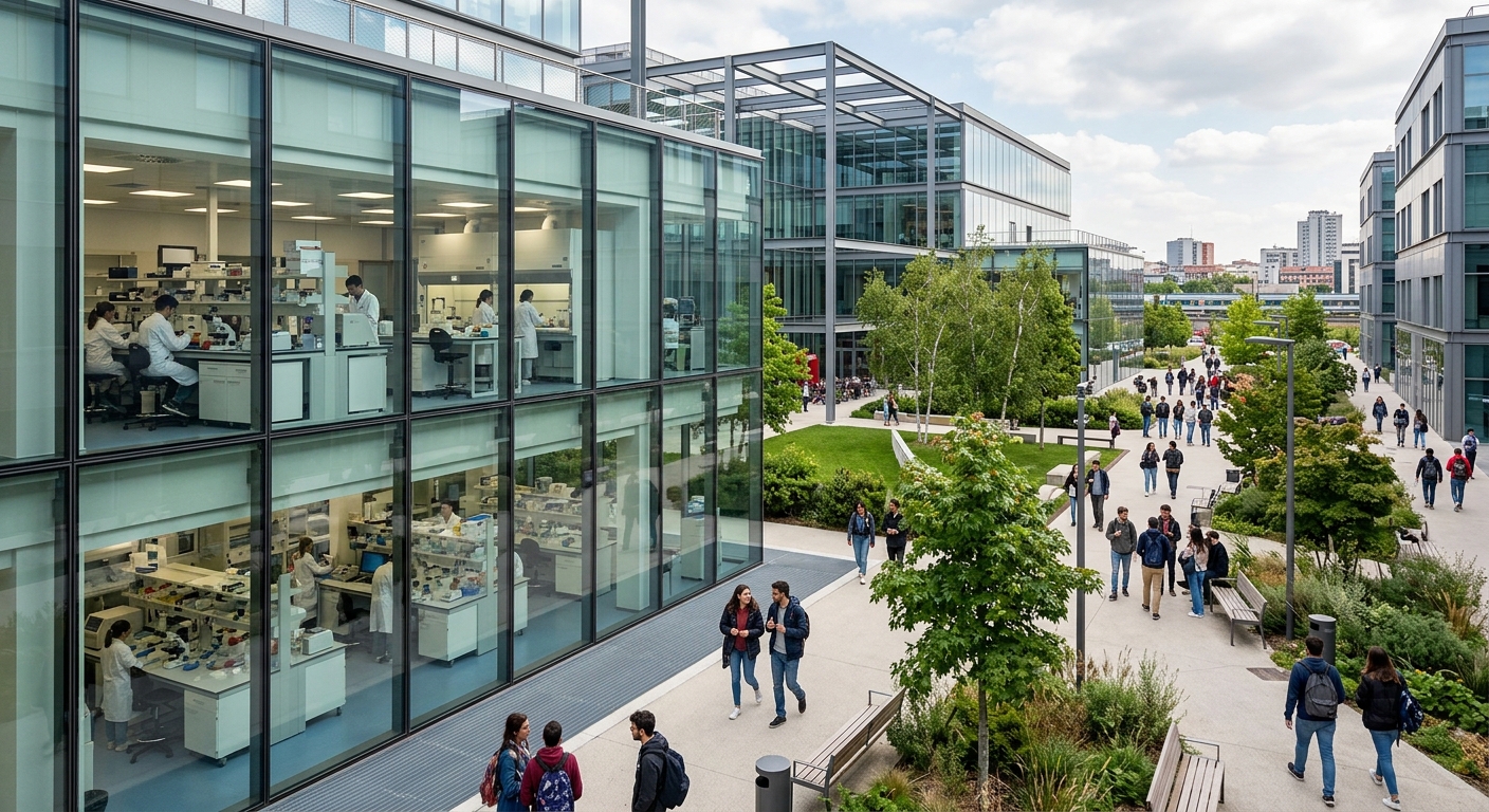 Modern university campus of Milano-Bicocca with contemporary glass and steel buildings, green courtyards, students walking along pathways in the Bicocca district of Milan, Italy, with biotechnology laboratory equipment visible through large windows