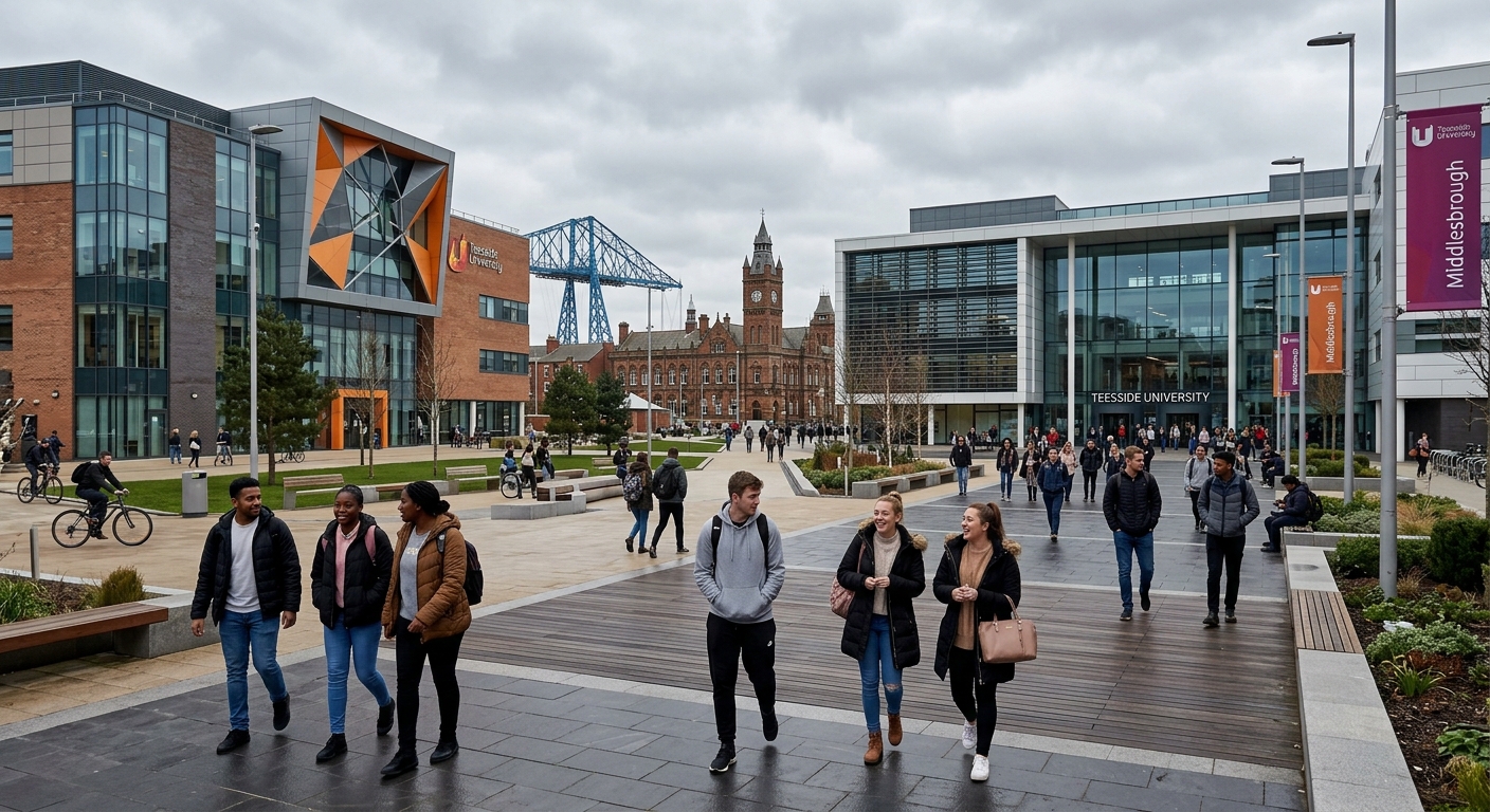 Teesside University modern campus buildings in Middlesbrough, North East England, with students walking across a contemporary plaza, historic architecture visible in the background, overcast British sky