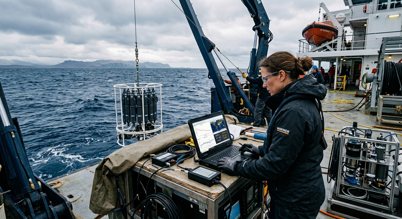 Professional oceanographer working on a research vessel at sea, deep blue ocean waters, scientific monitoring equipment and data screens visible, overcast maritime sky with distant coastline