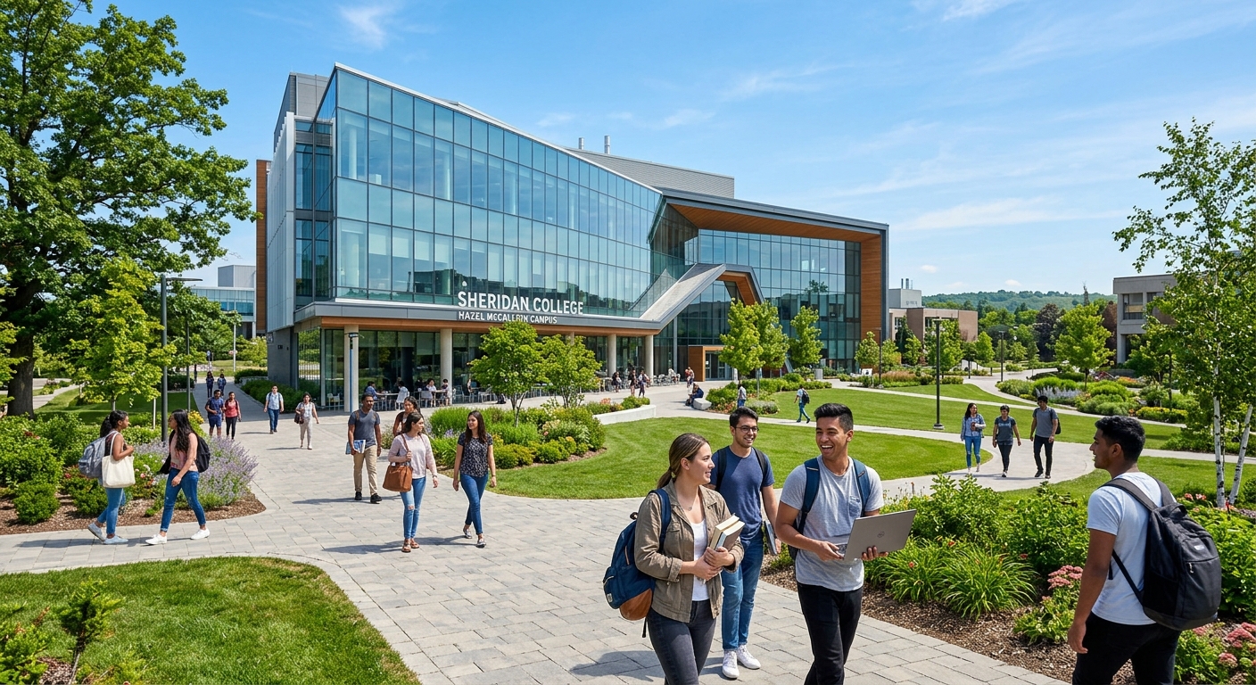 Modern Sheridan College campus building with glass facade surrounded by green landscaping, students walking along pathways carrying books and laptops, Ontario Canada setting with clear sky