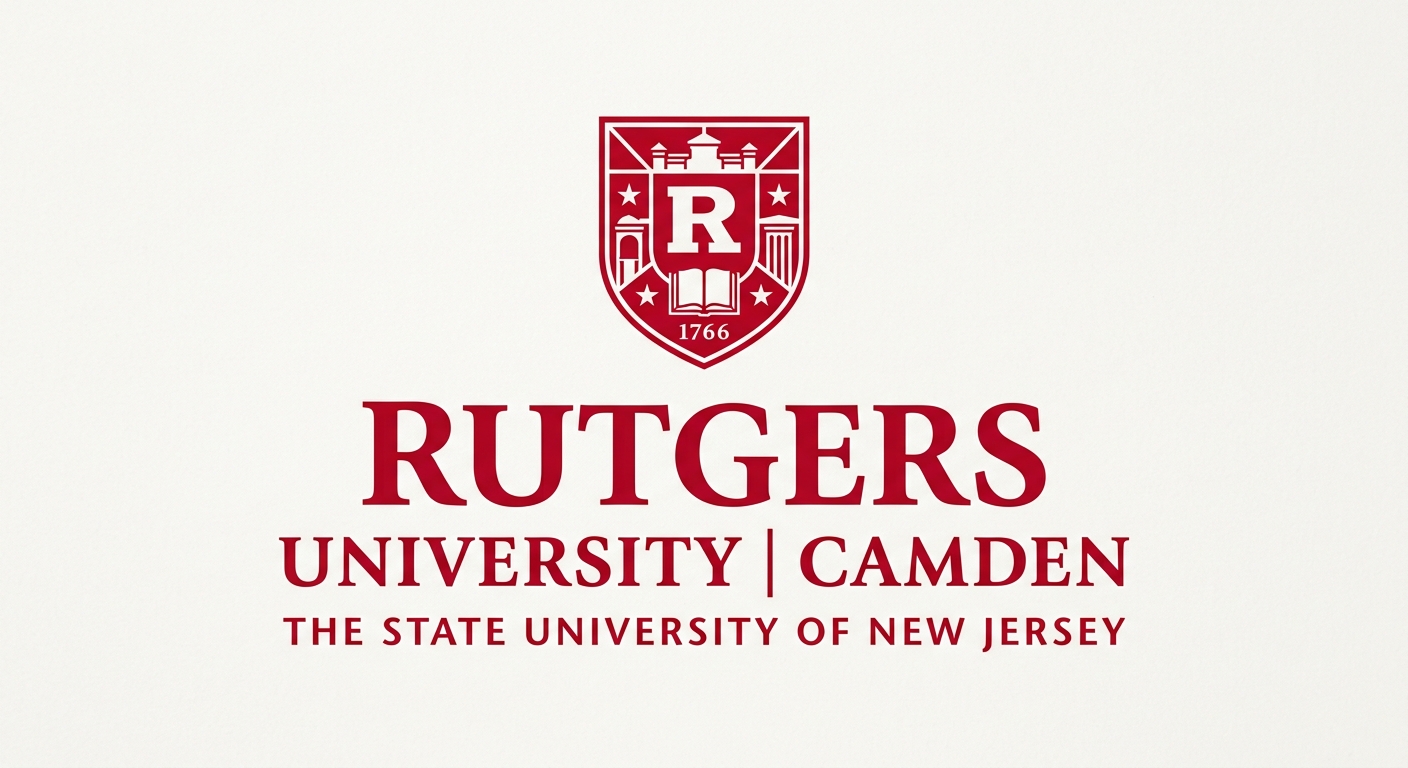 Rutgers University Camden official logo featuring the Rutgers shield emblem in scarlet red with the university name in bold serif typography