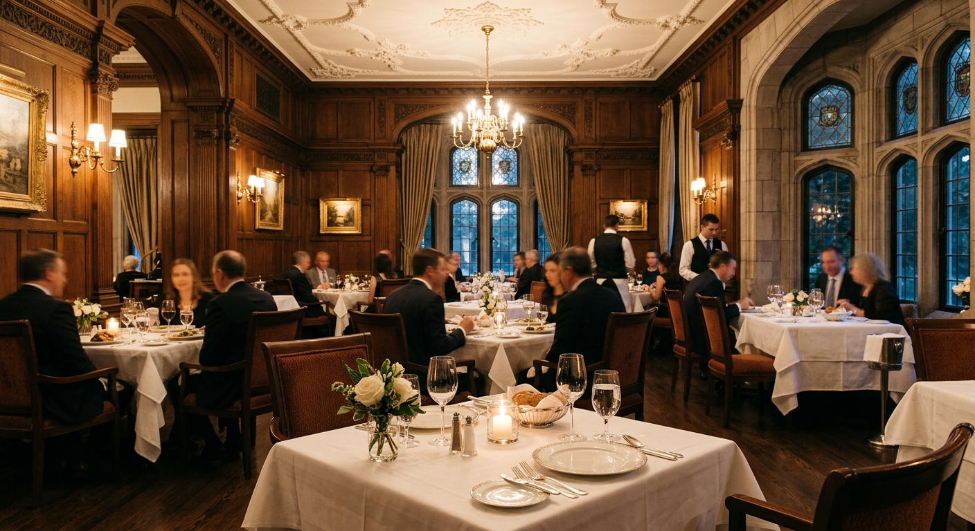 Signatures French fine-dining restaurant interior at Le Cordon Bleu Ottawa, elegant table settings, warm lighting, heritage architecture details of the Munross Mansion