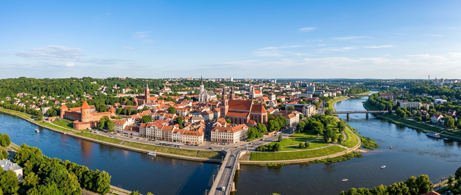 Panoramic view of Kaunas city center, Lithuania, showing the confluence of Nemunas and Neris rivers, red-roofed Old Town, church spires, and green hillsides under a clear sky