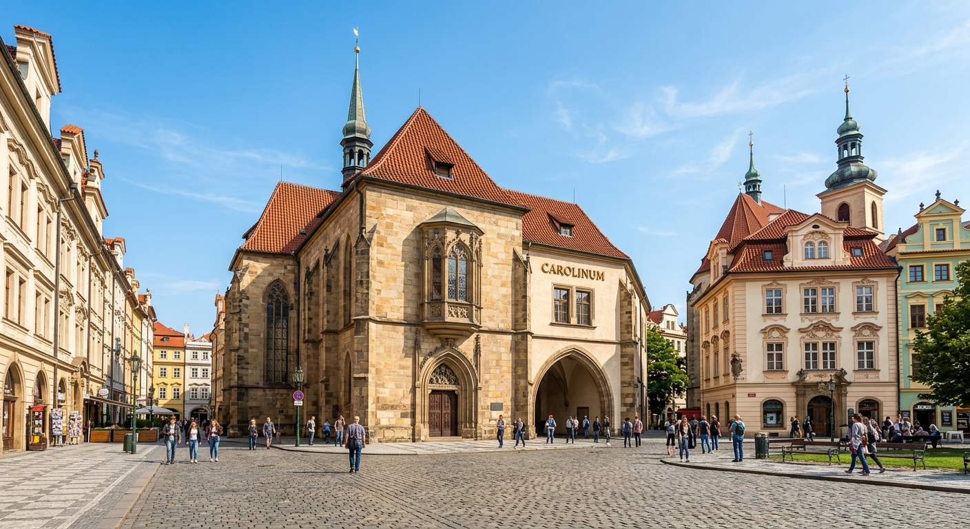 Charles University Carolinum historic building in Prague Old Town, Gothic architecture with red roof tiles, cobblestone courtyard, surrounded by Baroque and medieval buildings under clear blue sky