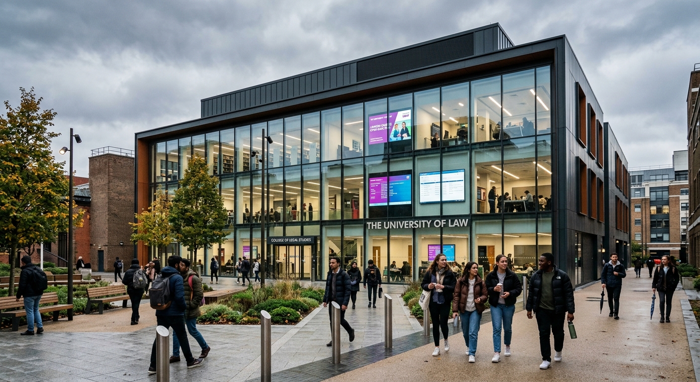 Modern University of Law campus building in the United Kingdom with glass facade, students walking through a contemporary courtyard, digital screens visible through windows, overcast British sky