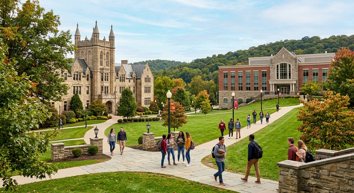 Seton Hill University campus in Greensburg Pennsylvania, historic stone buildings surrounded by green lawns and trees, students walking along pathways in the Laurel Highlands scenic setting with the Boyle Health Sciences Center visible