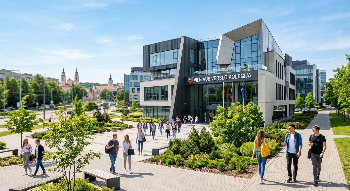 Modern Vilnius Business College campus building in Vilnius, Lithuania, with students walking outside, contemporary architecture, green trees, European city setting with clear sky