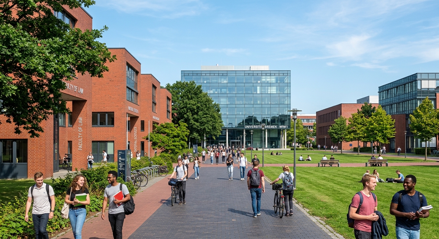 Modern campus of the University of Bremen with red-brick faculty buildings, green lawns, students walking along tree-lined pathways, and the iconic glass-fronted WiWi1 building in the background under a clear sky